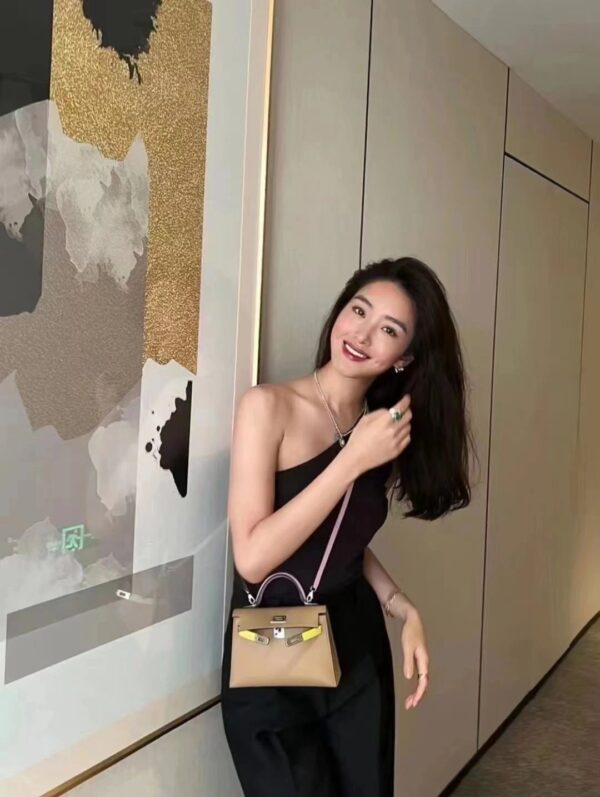 i1703910458_1867_0 Liu Factory Mini Kelly Epsom Leather Brown & Pink & Yellow Silver Hardware 19cm Full Handmade