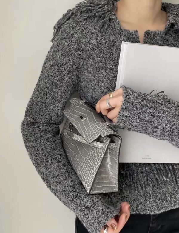 i1736750372258_9795_0_0 Liu Factory Mini Kelly Pochette Shiny Porosus Crocodile Medium Grey Silver Hardware 22cm Full Handmade