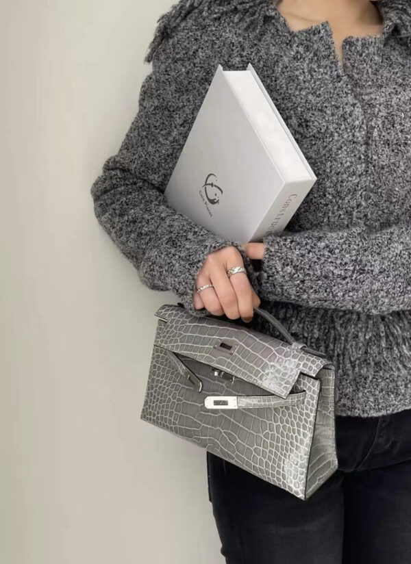 i1736750379202_6606_0_0 Liu Factory Mini Kelly Pochette Shiny Porosus Crocodile Medium Grey Silver Hardware 22cm Full Handmade