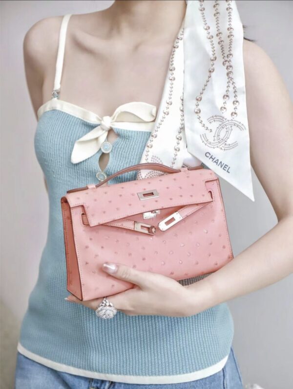 i1779858392106_366_0_0 Liu Factory Mini Kelly Pochette Ostrich Leather CK94 Cream Pink Silver Hardware 22cm Full Handmade