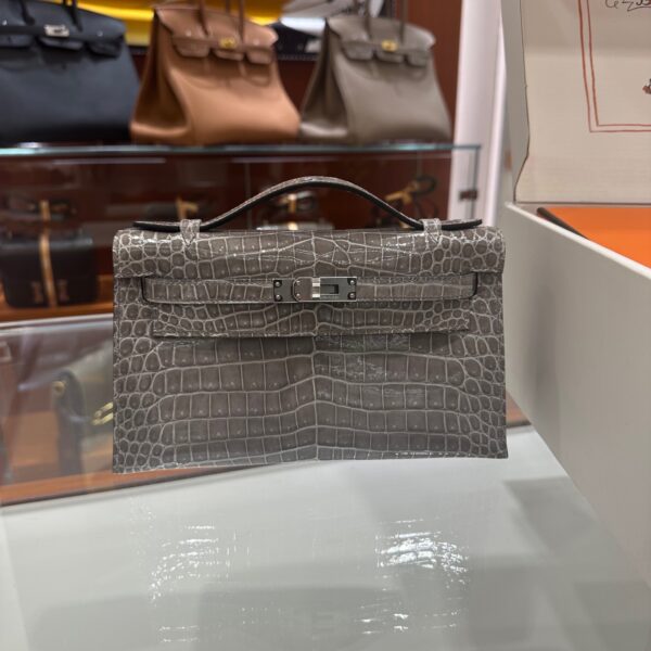 wsxc1746720667897_0 Liu Factory Mini Kelly Pochette Shiny Porosus Crocodile Medium Grey Silver Hardware 22cm Full Handmade