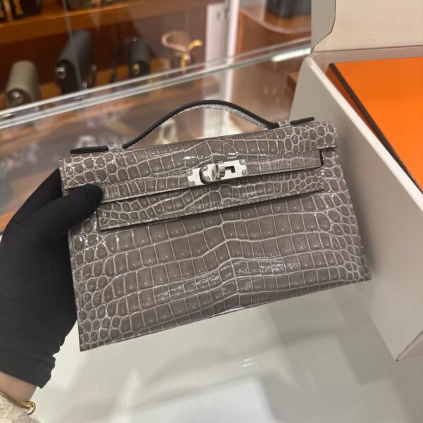 wsxc1746720667897_1 Liu Factory Mini Kelly Pochette Shiny Porosus Crocodile Medium Grey Silver Hardware 22cm Full Handmade