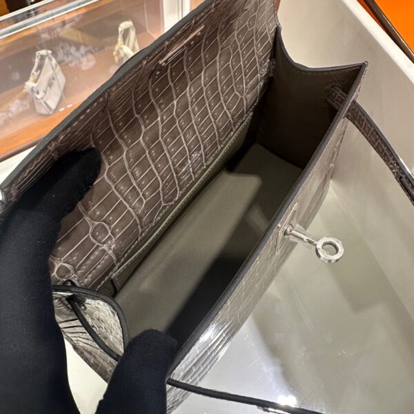 wsxc1746720667897_7 Liu Factory Mini Kelly Pochette Shiny Porosus Crocodile Medium Grey Silver Hardware 22cm Full Handmade