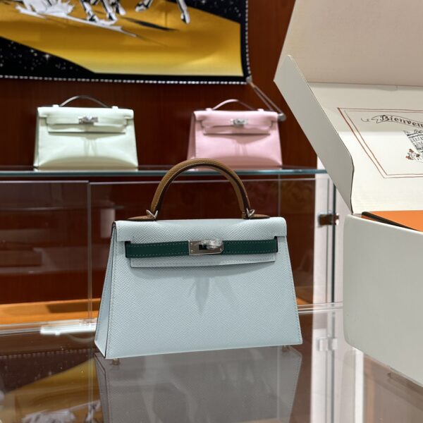 wsxc1774372250500_0-1 Liu Factory Mini Kelly Epsom Light Blue & Brown & Green Silver Hardware 19cm Full Handmade