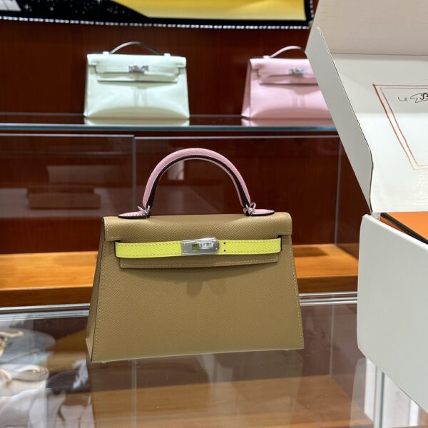 wsxc1774372274549_0-1 Liu Factory Mini Kelly Epsom Leather Brown & Pink & Yellow Silver Hardware 19cm Full Handmade