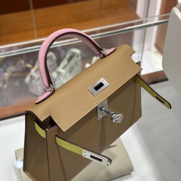wsxc1774372274549_1 Liu Factory Mini Kelly Epsom Leather Brown & Pink & Yellow Silver Hardware 19cm Full Handmade