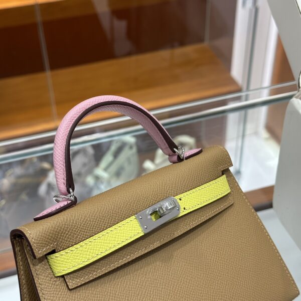 wsxc1774372274549_2 Liu Factory Mini Kelly Epsom Leather Brown & Pink & Yellow Silver Hardware 19cm Full Handmade