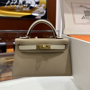 Liu Factory Mini Kelly Epsom Etoupe Grey & Cream White Gold Hardware 19cm Full Handmade