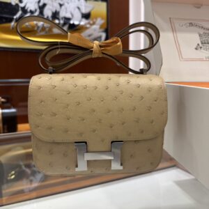 wsxc1781004401346_0 Liu Factory Constance Ostrich Leather Tea Khaki Silver Hardware 18cm Full Handmade