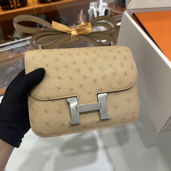 wsxc1781004401346_1 Liu Factory Constance Ostrich Leather Tea Khaki Silver Hardware 18cm Full Handmade