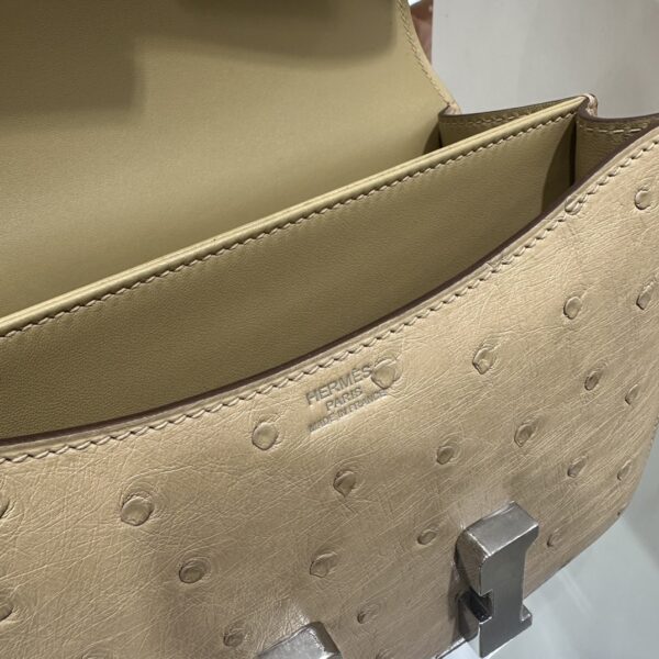 wsxc1781004401346_5 Liu Factory Constance Ostrich Leather Tea Khaki Silver Hardware 18cm Full Handmade