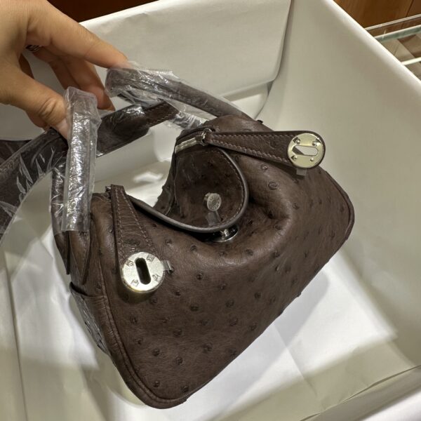 Liu Factory Mini Lindy Ostrich Leather 4A Chocolate Coffee Silver Hardware 19cm Full Handmade