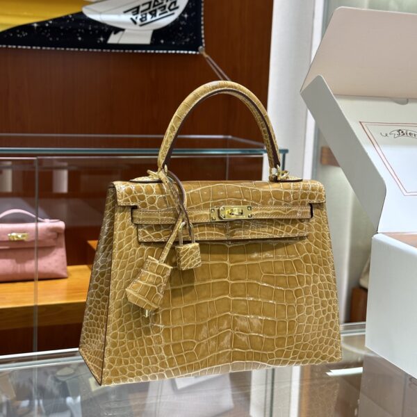 Liu Factory Kelly Shiny Alligator Crocodile Khaki Yellow Light Gold Hardware 25cm Full Handmade