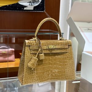 wsxc1782990474895_0 Liu Factory Kelly Shiny Alligator Crocodile Khaki Yellow Light Gold Hardware 25cm Full Handmade