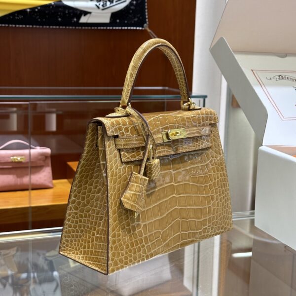 Liu Factory Kelly Shiny Alligator Crocodile Khaki Yellow Light Gold Hardware 25cm Full Handmade
