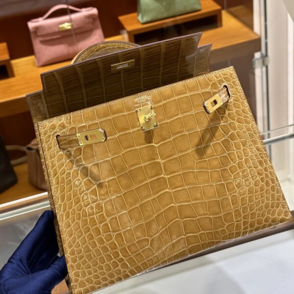 Liu Factory Kelly Shiny Alligator Crocodile Khaki Yellow Light Gold Hardware 25cm Full Handmade