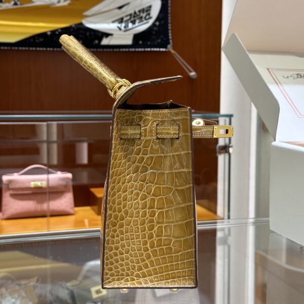 Liu Factory Kelly Shiny Alligator Crocodile Khaki Yellow Light Gold Hardware 25cm Full Handmade