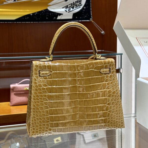 Liu Factory Kelly Shiny Alligator Crocodile Khaki Yellow Light Gold Hardware 25cm Full Handmade