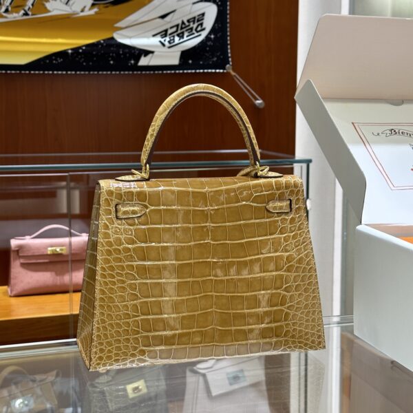 Liu Factory Kelly Shiny Alligator Crocodile Khaki Yellow Light Gold Hardware 25cm Full Handmade