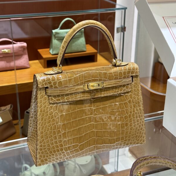 Liu Factory Kelly Shiny Alligator Crocodile Khaki Yellow Light Gold Hardware 25cm Full Handmade