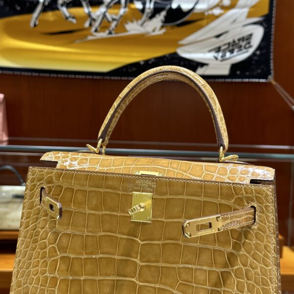 Liu Factory Kelly Shiny Alligator Crocodile Khaki Yellow Light Gold Hardware 25cm Full Handmade