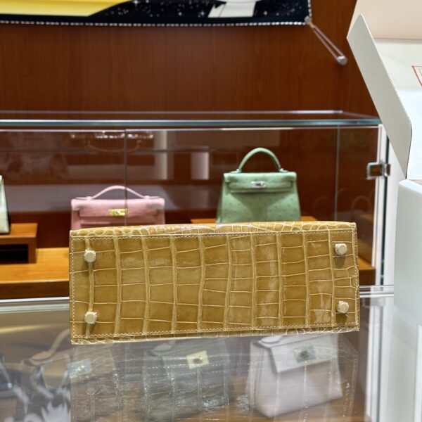 Liu Factory Kelly Shiny Alligator Crocodile Khaki Yellow Light Gold Hardware 25cm Full Handmade