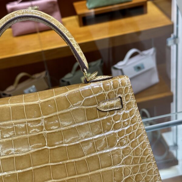 Liu Factory Kelly Shiny Alligator Crocodile Khaki Yellow Light Gold Hardware 25cm Full Handmade